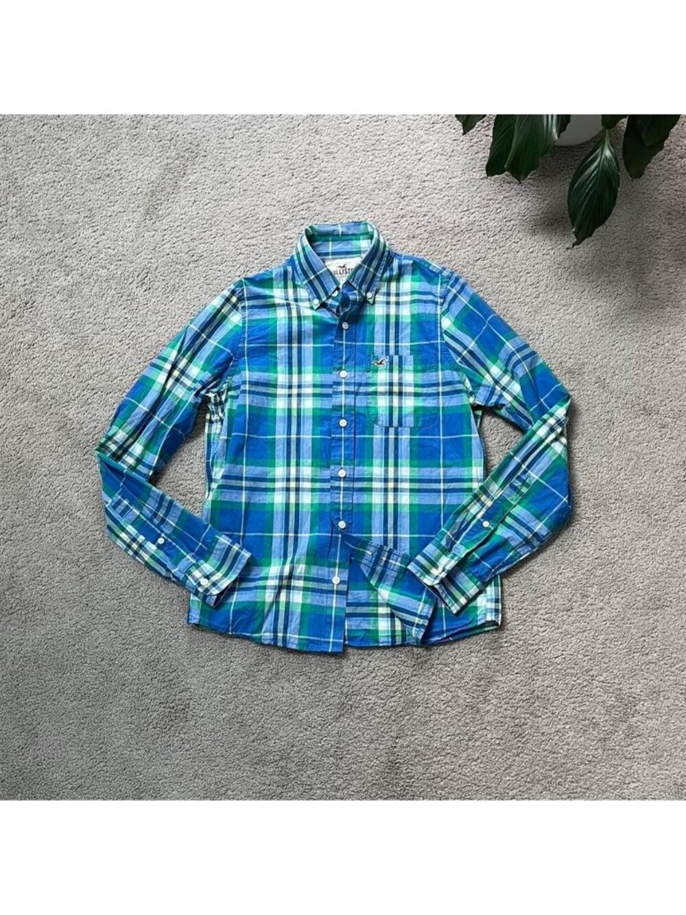 Blue / Green / White Vintage Hollister Plaid Button-Up Pocket Shirt